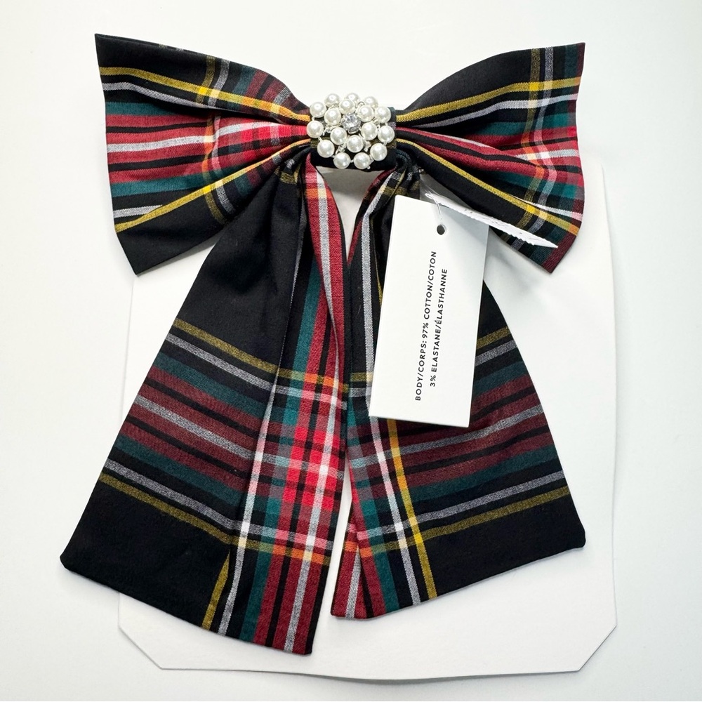 J Crew Factory Embellished Bow Barette Black Stewart Tartan - Picture 4 of 12